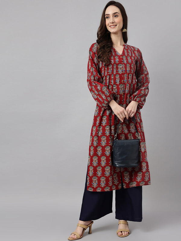 Women's Maroon Cotton Floral Print Flared Kurta