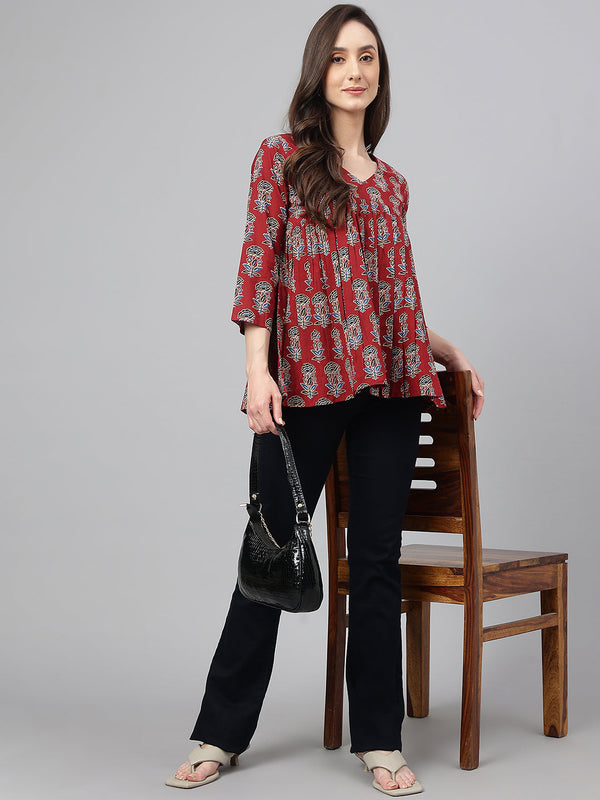 Maroon Cotton Floral Block Print Flared Top