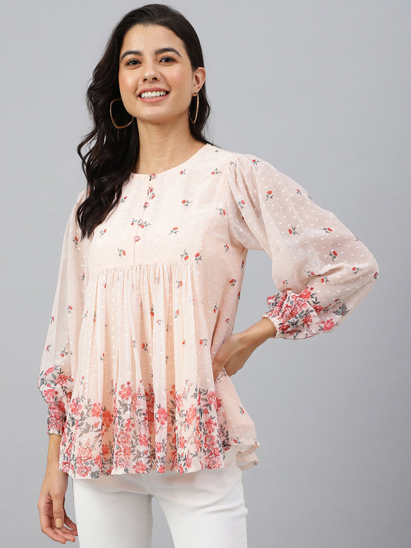 Peach Georgette Floral Print Flared Top