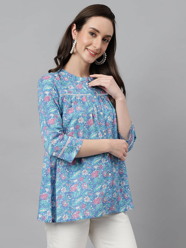 Women's Blue Cotton Botanical Print Empire Top