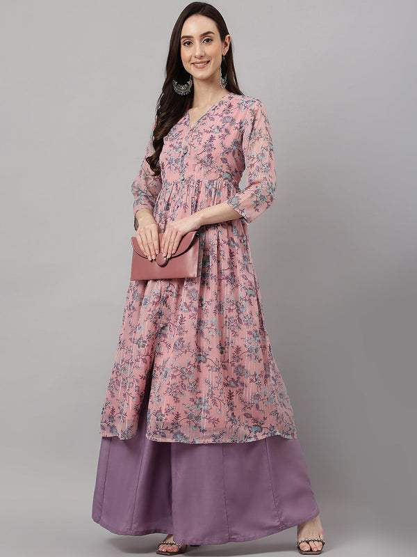 Women's Pink Chiffon Lurex Floral Printed Flared Kurta