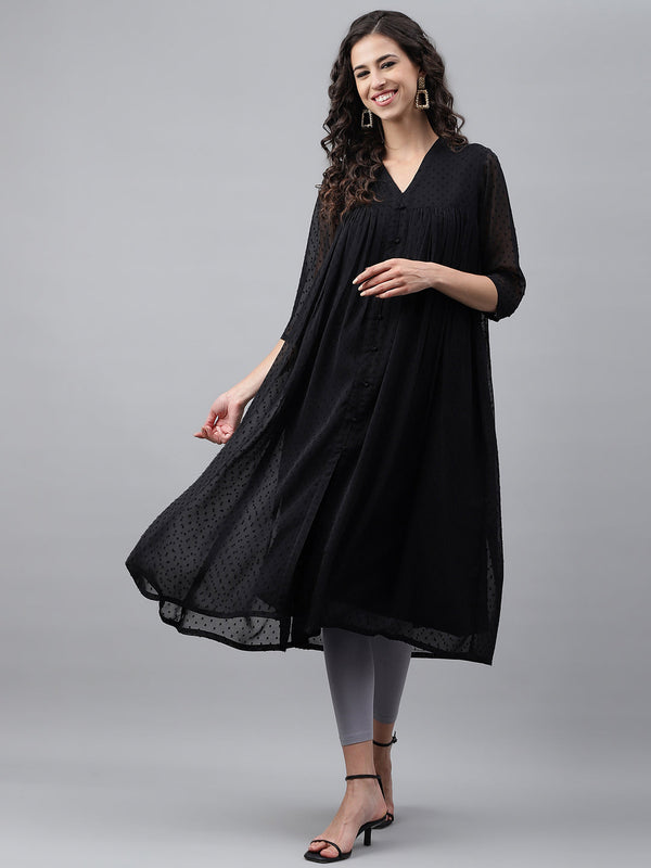 Black Dobby Chiffon Self Design Empire Kurta