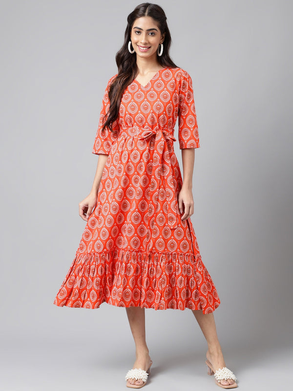 Orange Cotton Ethnic Motifs Printed Ruffled Dress