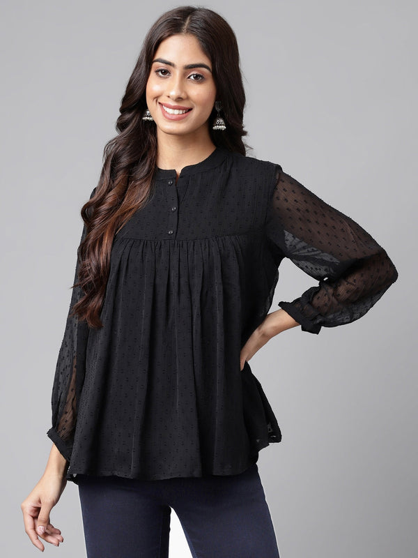 Black Dobby Chiffon Solid Empire Top