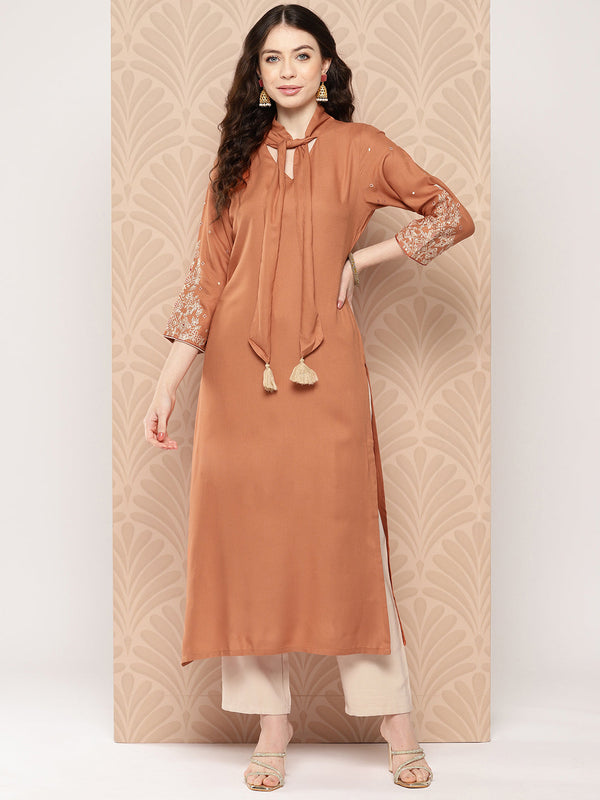 Peach Rayon Solid Straight Kurta