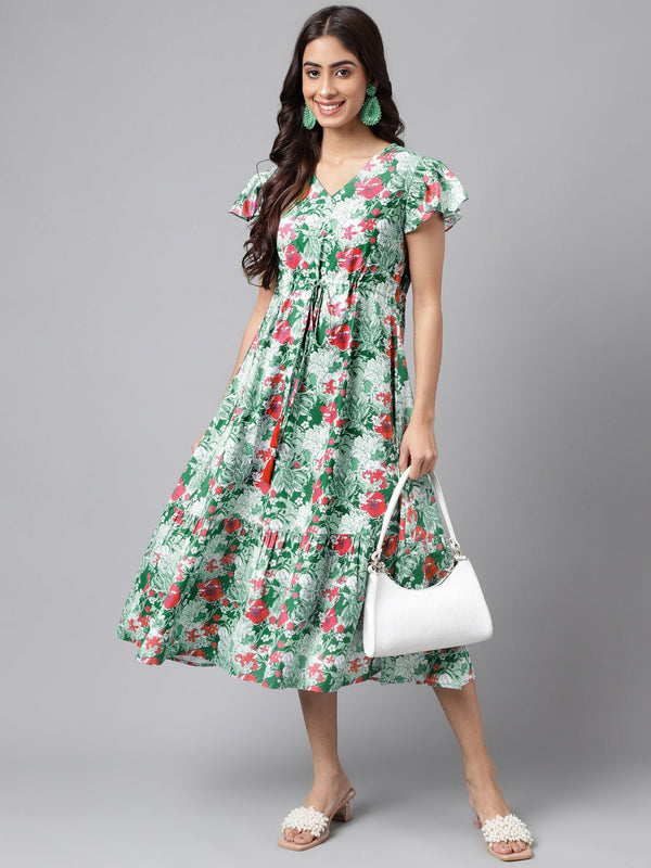 Green Moss Digital Floral Printed A-line Dress