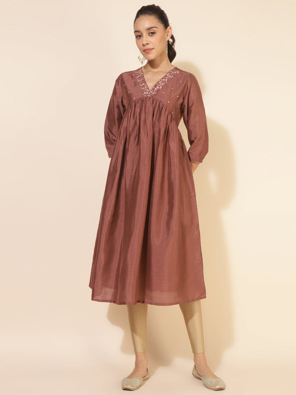 Brown Crepe Silk Embellished Empire Kurta