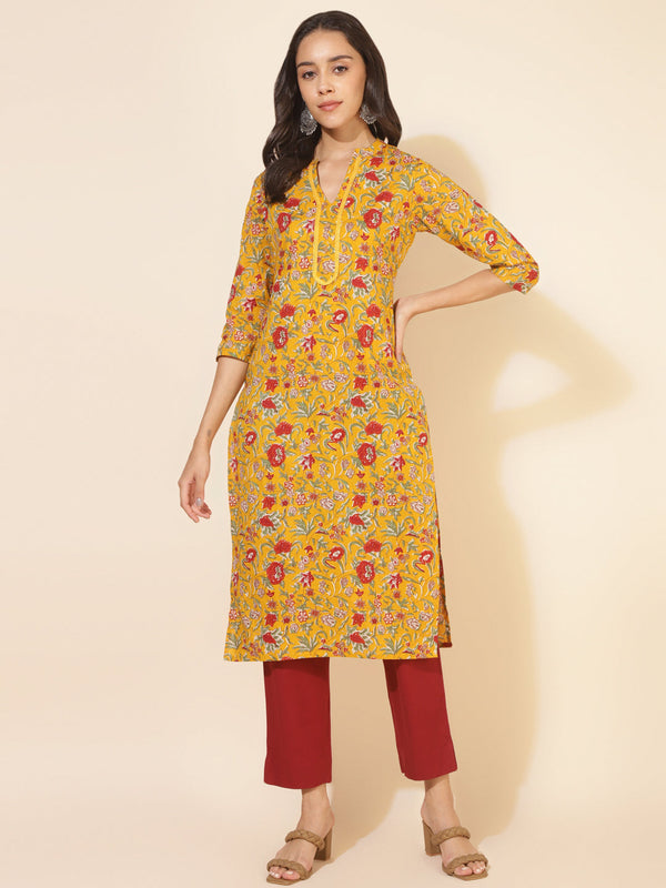 Mustard Cotton Floral Regular Kurta