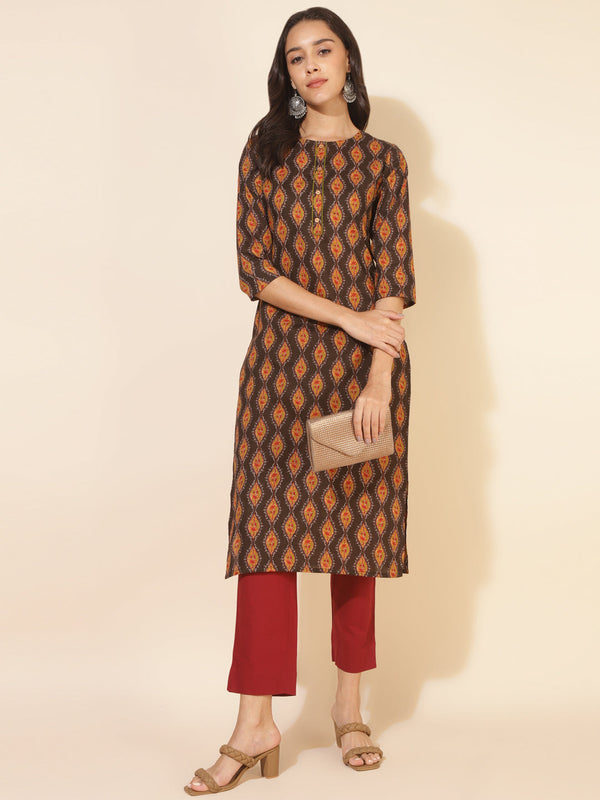 Brown Cotton Printed Straight Kurta