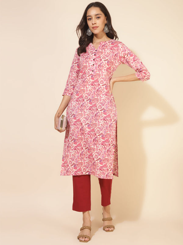 Cream Cotton Floral Regular Kurta