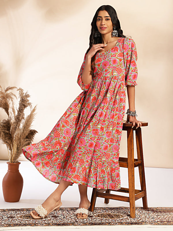 Multicolor Cotton Floral Printed Flared Dress