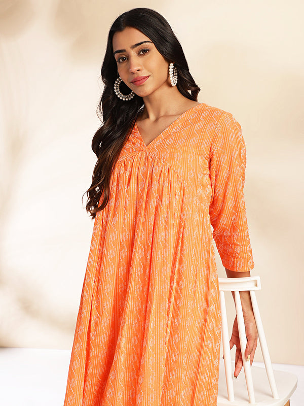 Orange Cotton Woven Design Gathered Kurta