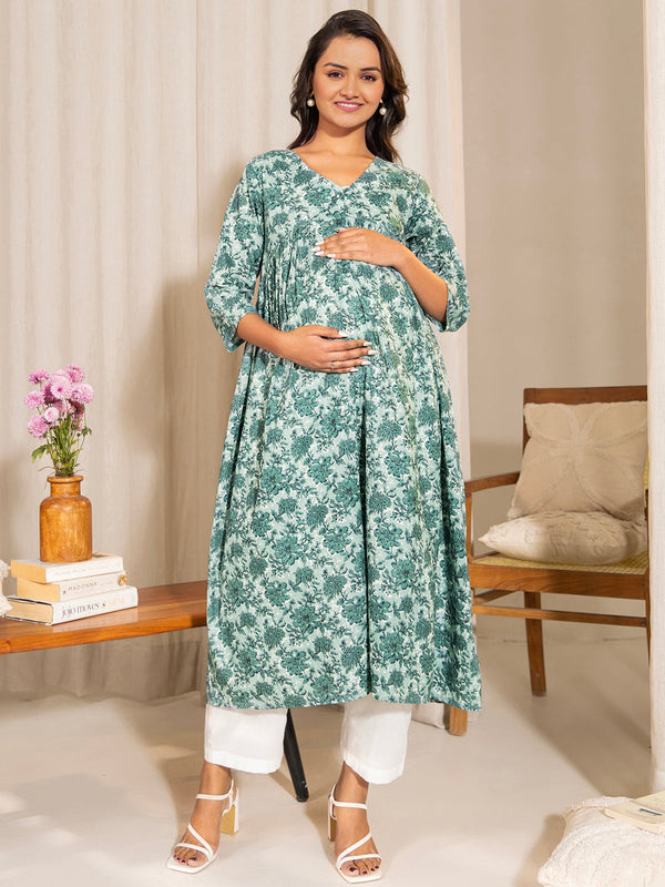 Sage Green Cotton Floral Printed A-Line Maternity Kurta