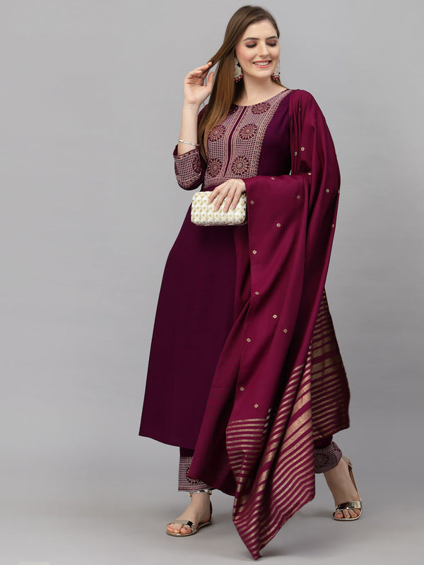 Ethnic Set Women Embroidered Solid Kurta and Pant with Dupatta