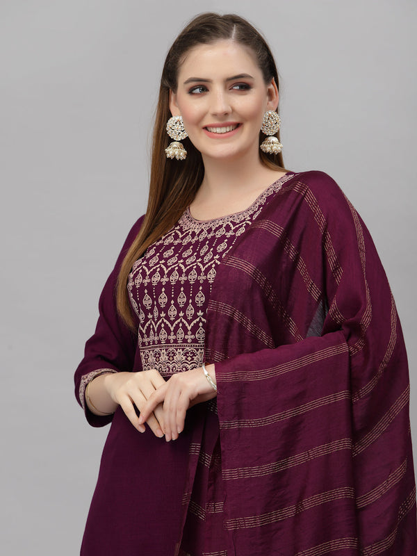 Ethnic Set Women Embroidered Solid Kurta and Pant with Dupatta