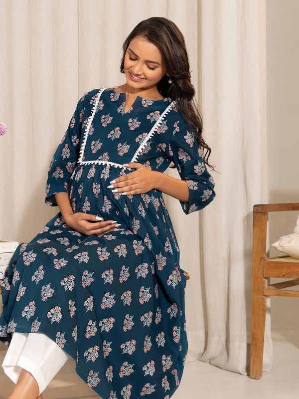 Teal Cotton Floral Fit & Flare Maternity Kurta