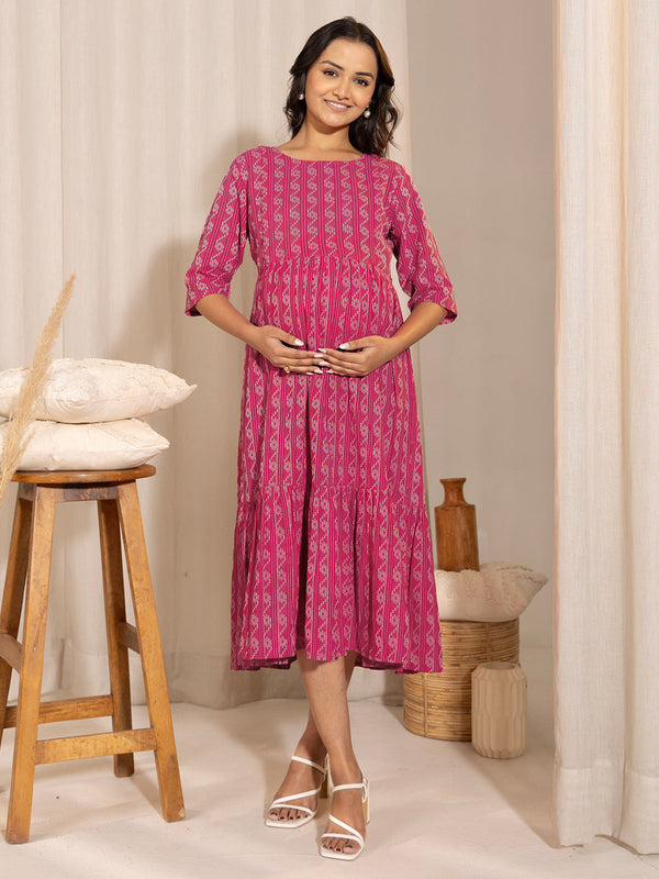 Pink Cotton Woven Design Tiered Maternity Dress