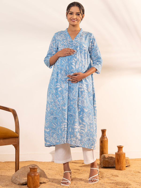 Sky Blue Cotton Floral Printed A-Line Maternity Kurta