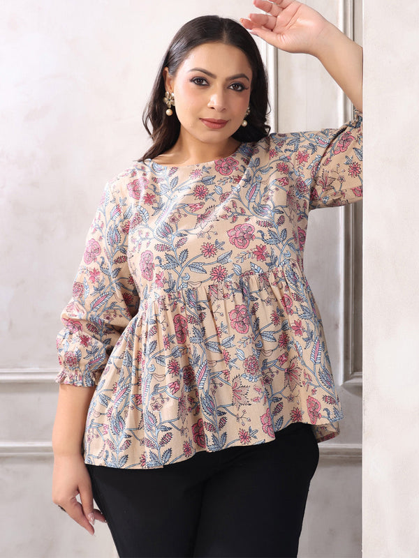 Plus Size Beige Pure Cotton Floral Print Peplum Top