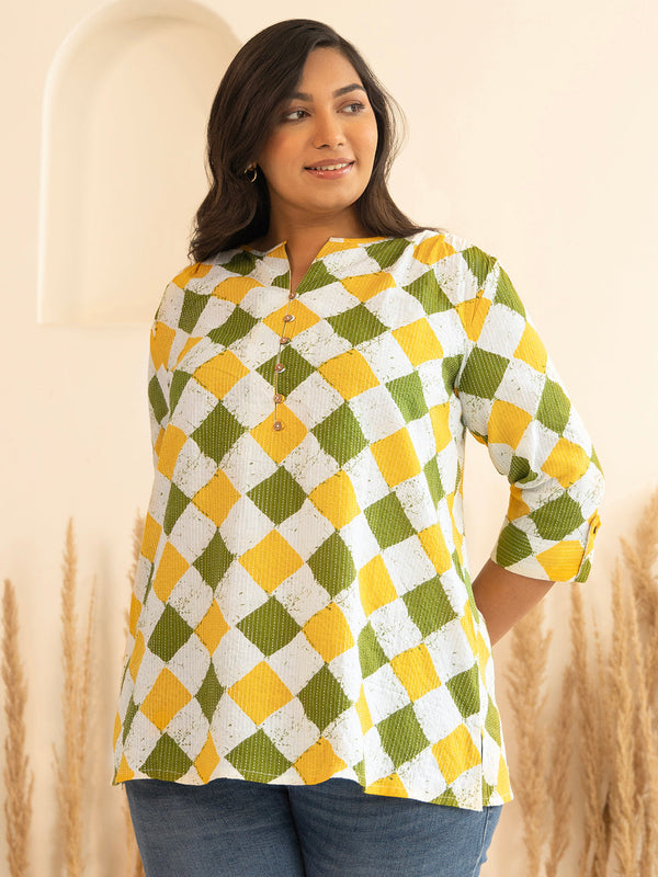 Plus Size Multicolour Cotton Geometric Regular Top