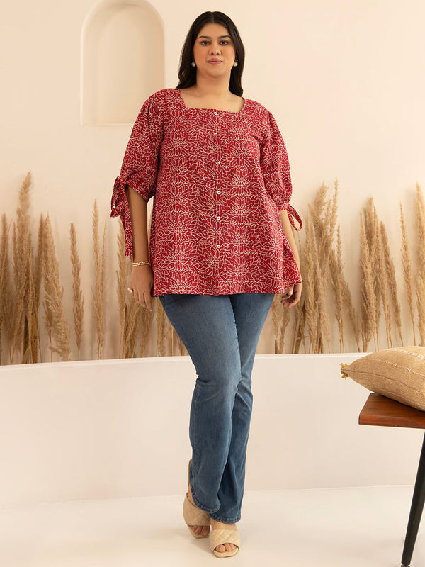 Plus Size Maroon Cotton Floral A-Line Top