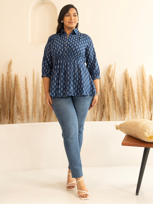 Plus Size Dark Blue Cotton Ethnic Motifs A-Line Top