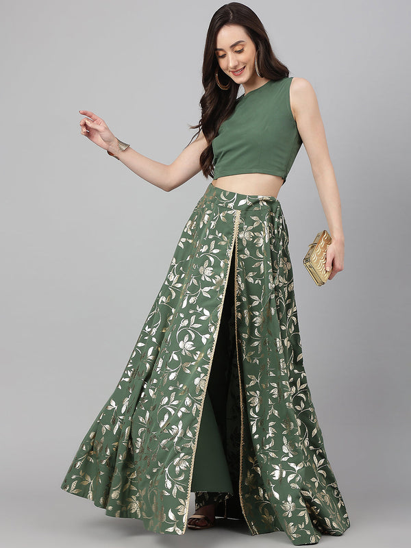 Olive Green Crepe Solid Lehenga Choli With Pant