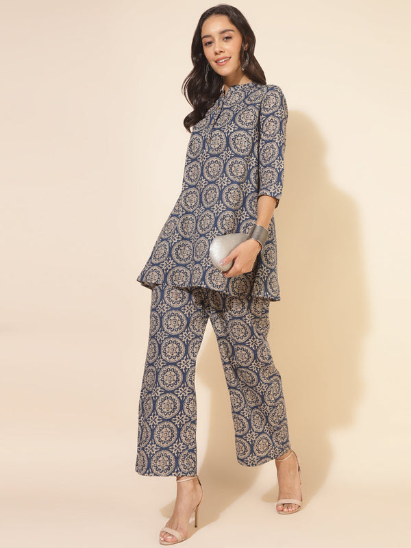 Blue Cotton Ethnic Motifs Tunic with Palazzo