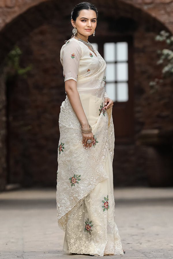 Almond Beige Emboroidey Worked Chiffon Saree