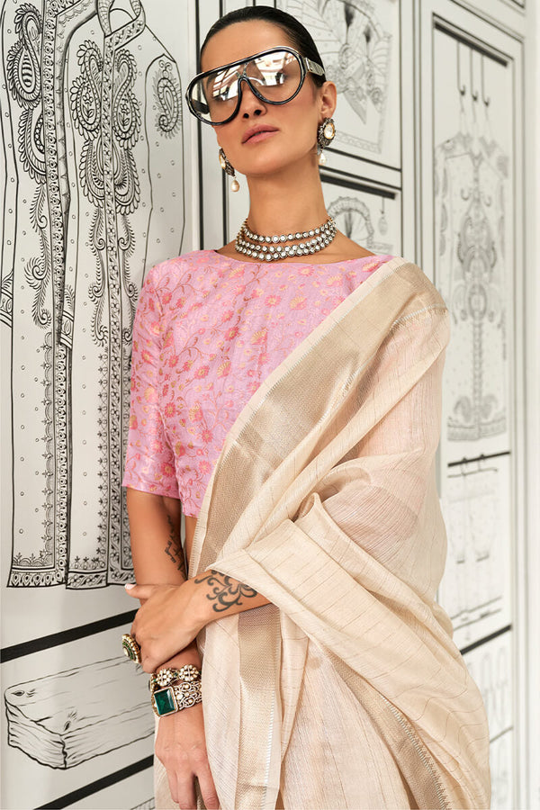 Almond Beige Zari Woven Chiffon Saree