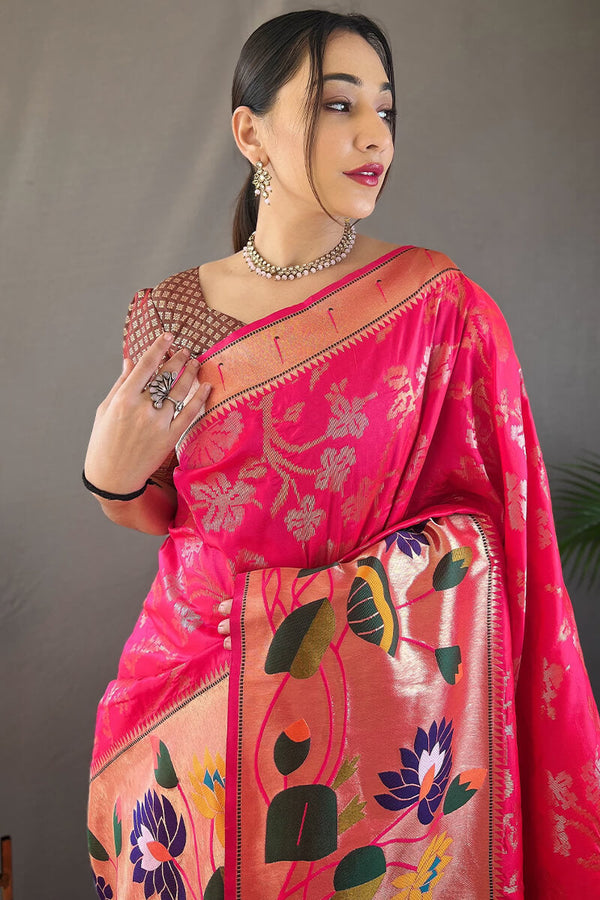 Amaranth Pink Zari Woven Paithani Silk Saree