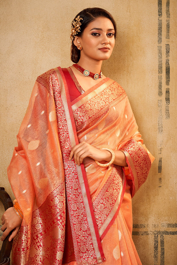 Apricot Peach Banarasi Silk Saree