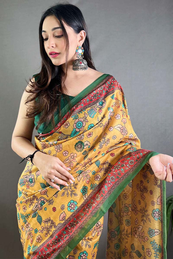 Apricot Yellow Kalamkari Printed Cotton Saree