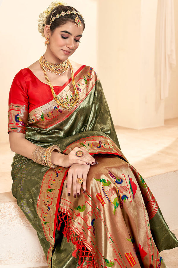 Army Brown Paithani Tissue Silk Saree