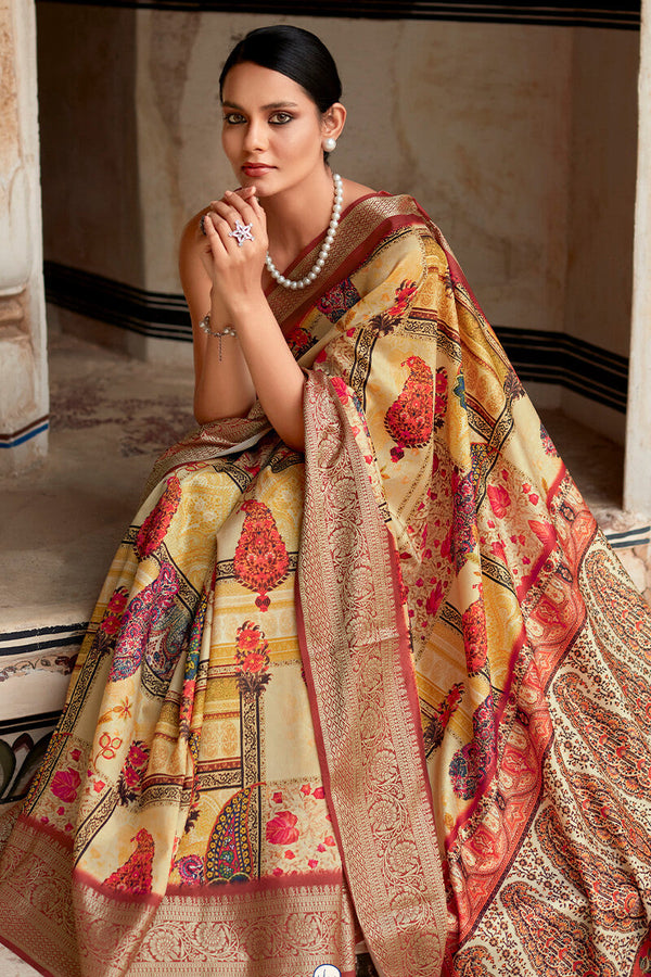 Arylide Yellow Printed Dola Silk Saree