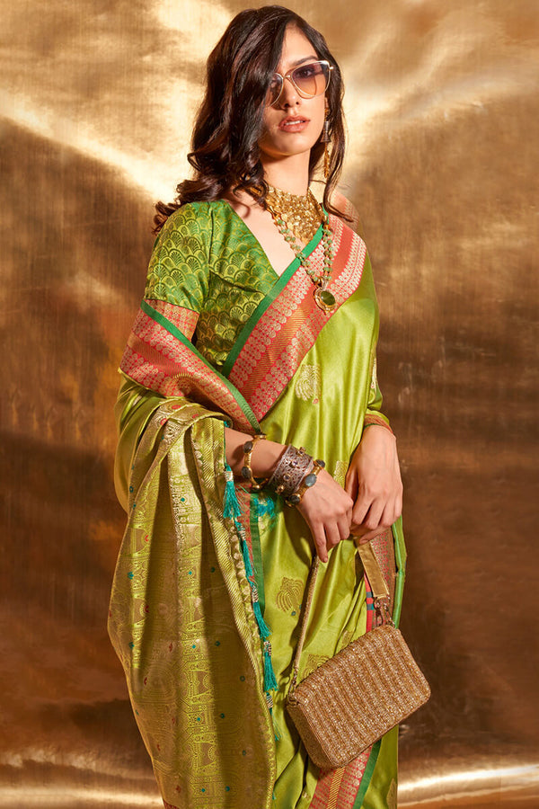 Avocado Green Banarasi Satin Silk Saree