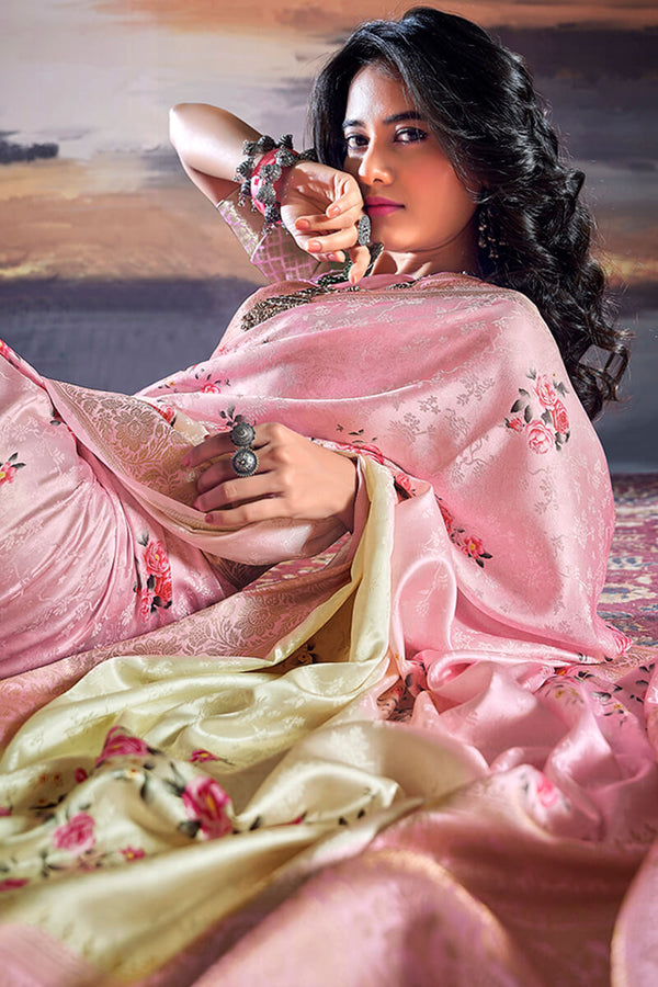 Baby Pink Floral Printed Satin Silk Saree