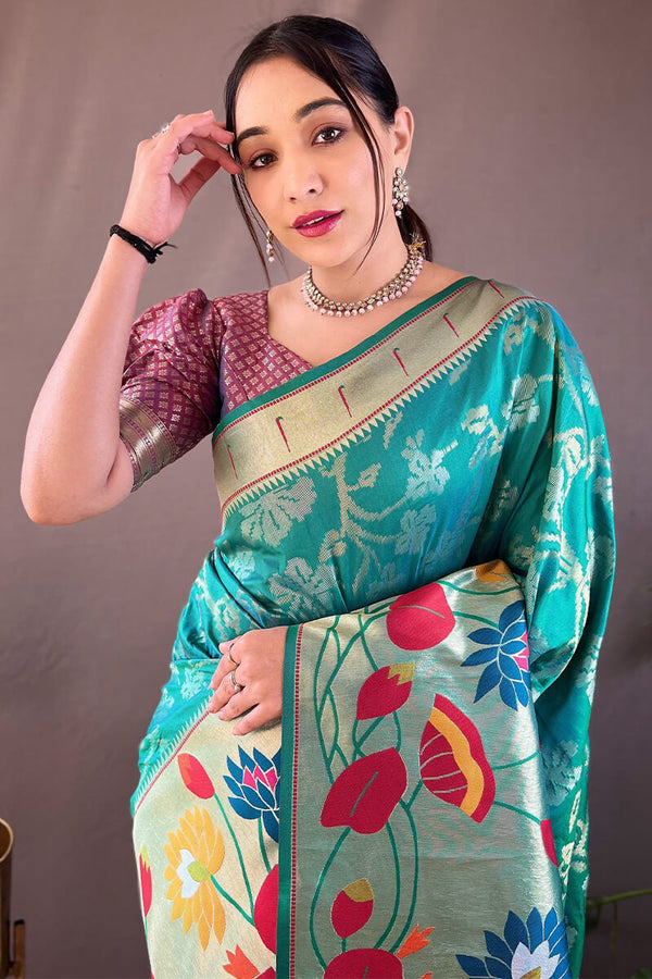 Ball Blue Zari Woven Paithani Silk Saree