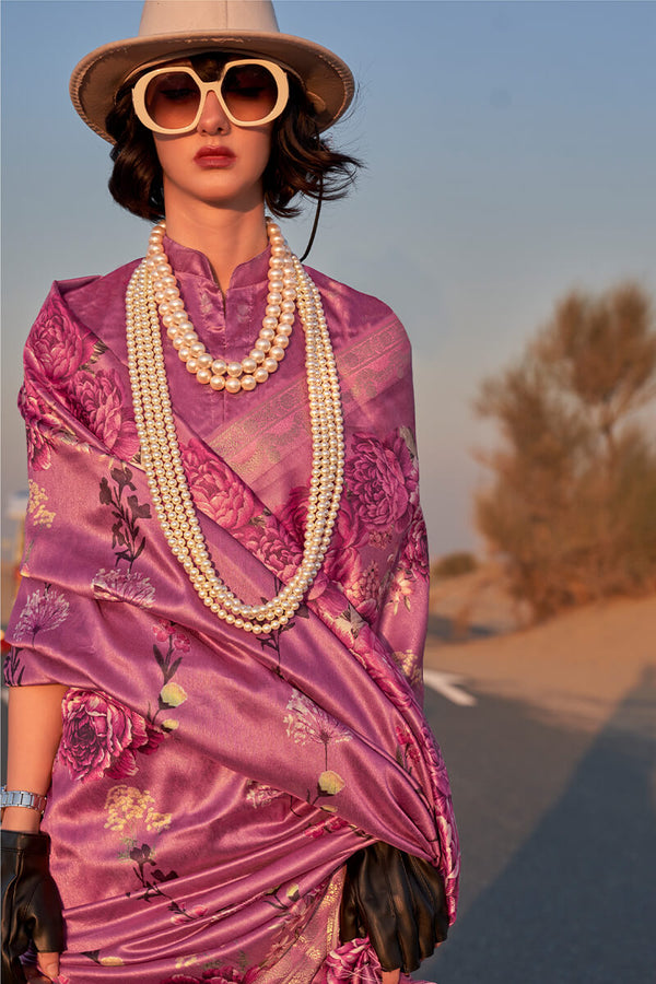 Bashful Pink Printed Tussar Silk Saree