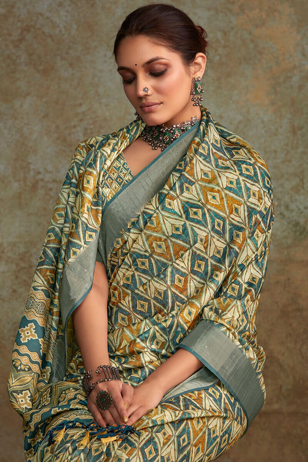 Beetle Green Printed with Sequence Soft Silk Saree