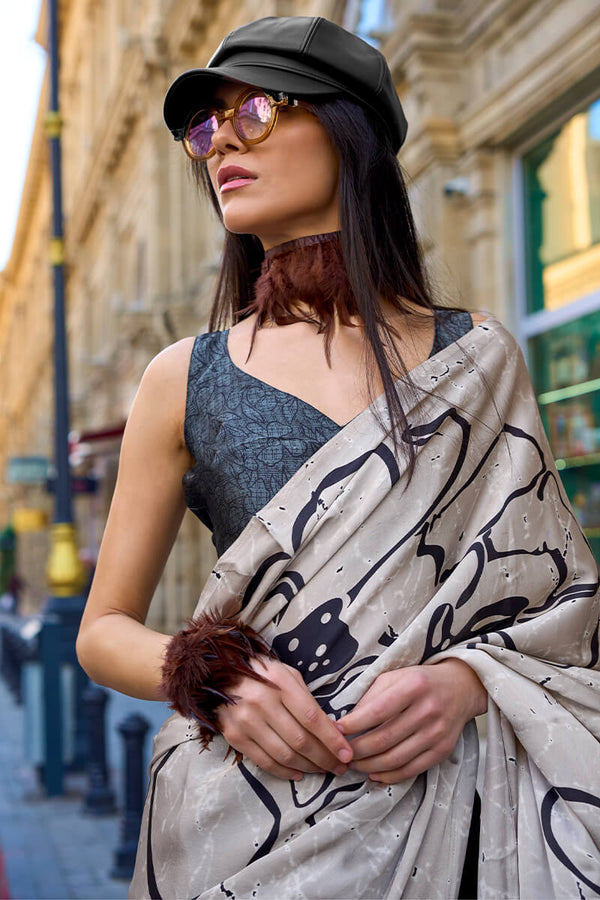 Beige and Black Printed Satin Silk Saree