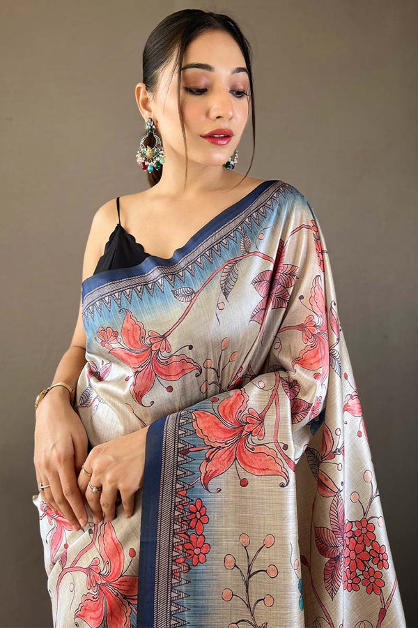 Beige and Blue Printed Soft Silk Saree