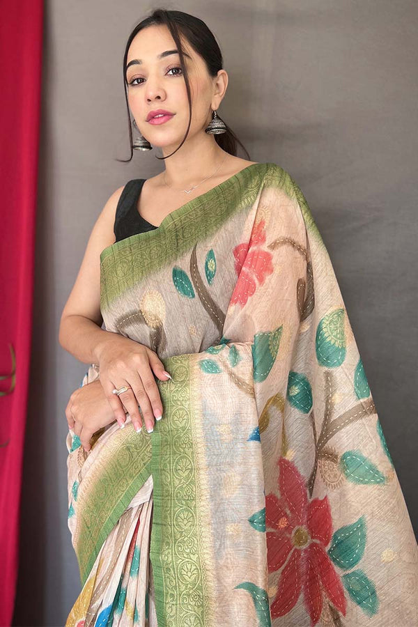 Beige and Green Zari Woven Printed Silk Saree