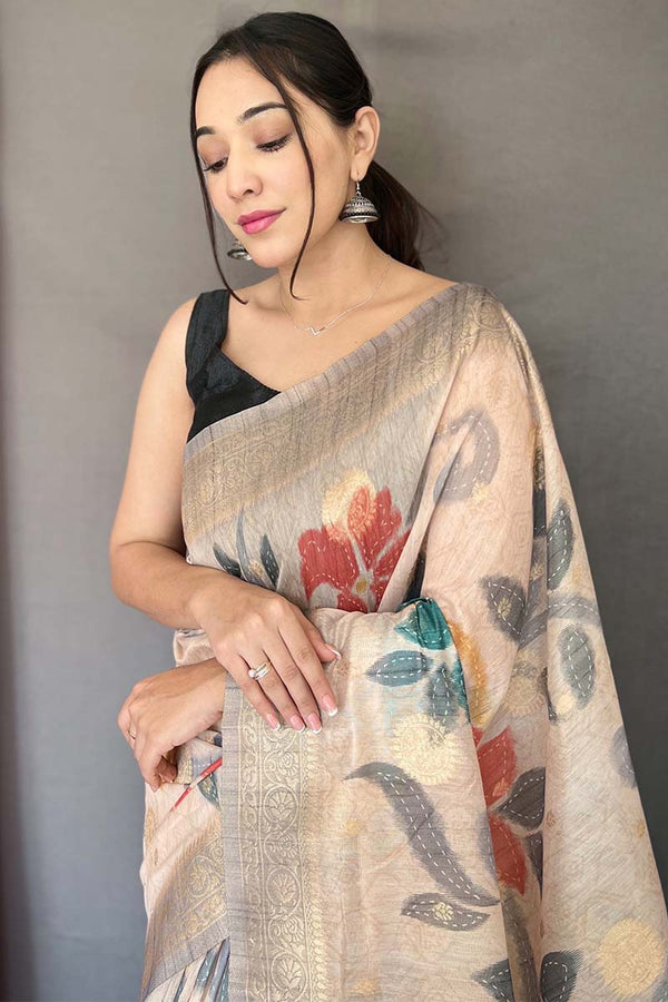 Beige and Grey Zari Woven Printed Silk Saree