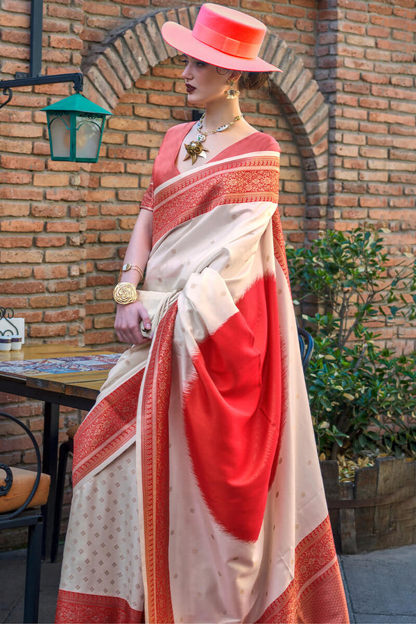 Beige and Red Woven Soft Banarasi Silk Saree