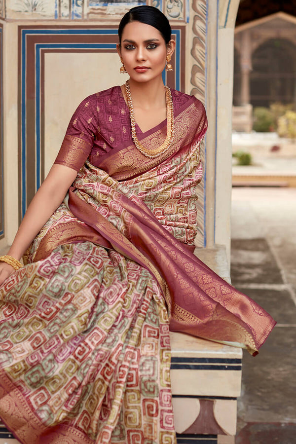 Berry Wine Printed Soft Silk Saree