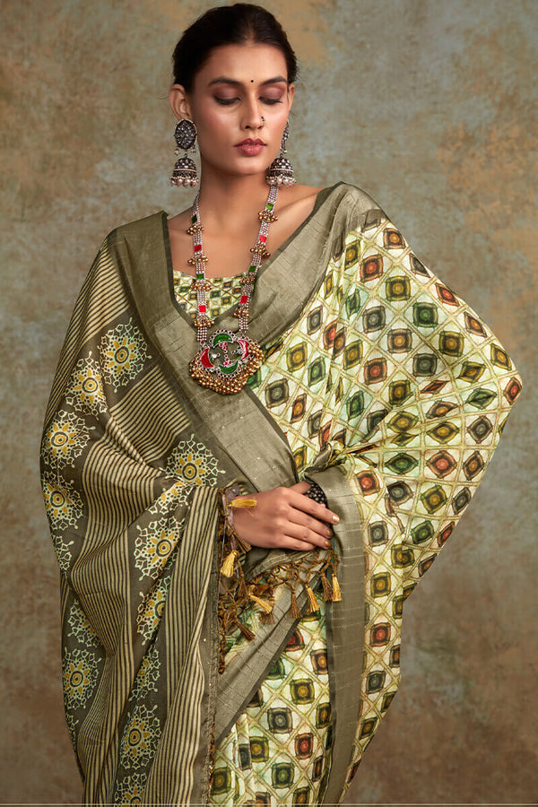 Beryl Green Printed with Sequence Soft Silk Saree