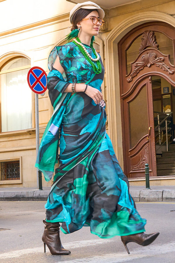 Black and Blue Printed Satin Georgette Silk Saree