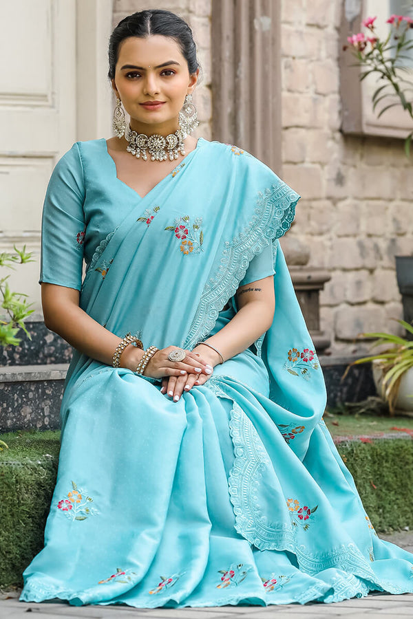 Blizzard Blue Embroidered Work Cotton Saree