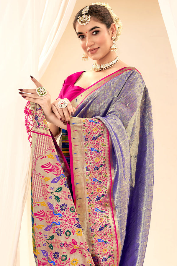 Bluish Grey Paithani Tissue Silk Saree